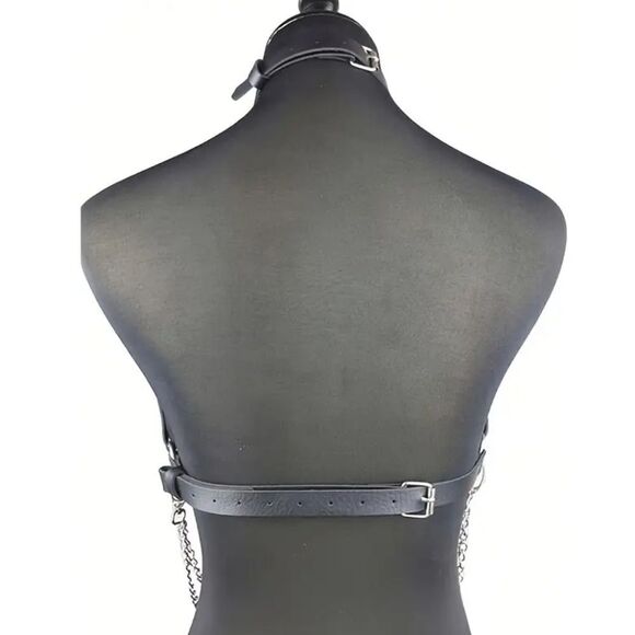 Black Leather Choker Chain Harness Halter Bra #7 - Picture 3 of 3